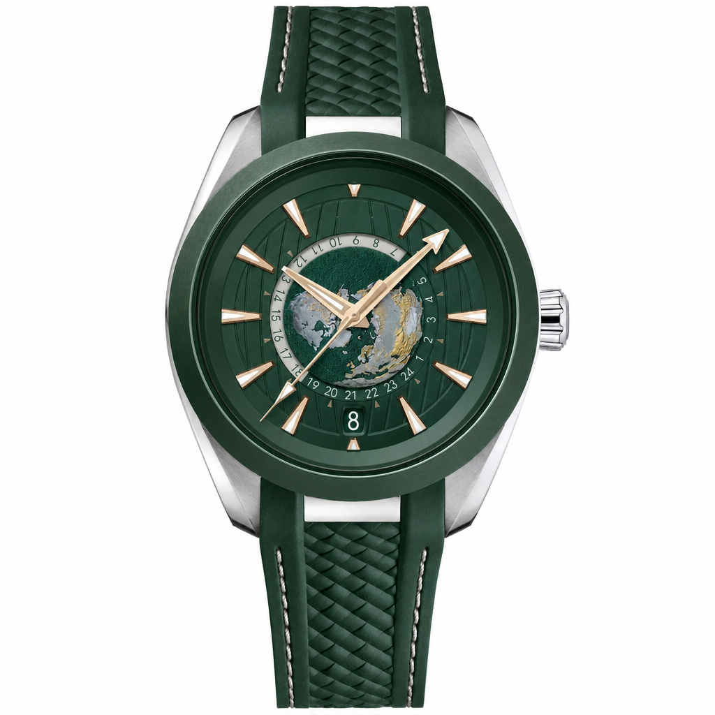 Sport watch with green dial featuring world map design and green rubber strap