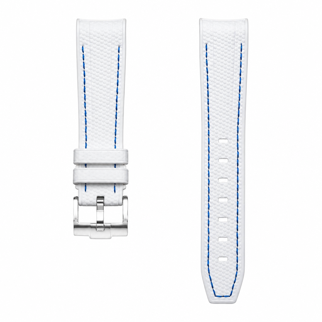 White rubber watch strap with blue stitching and metal buckle