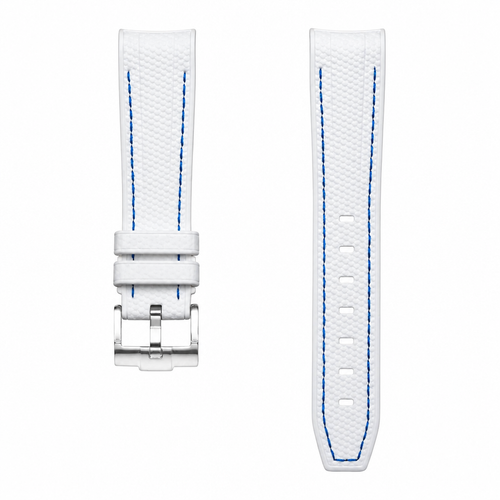 White rubber watch strap with blue stitching and metal buckle