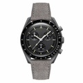 Gray chronograph watch with gray suede leather strap on white background
