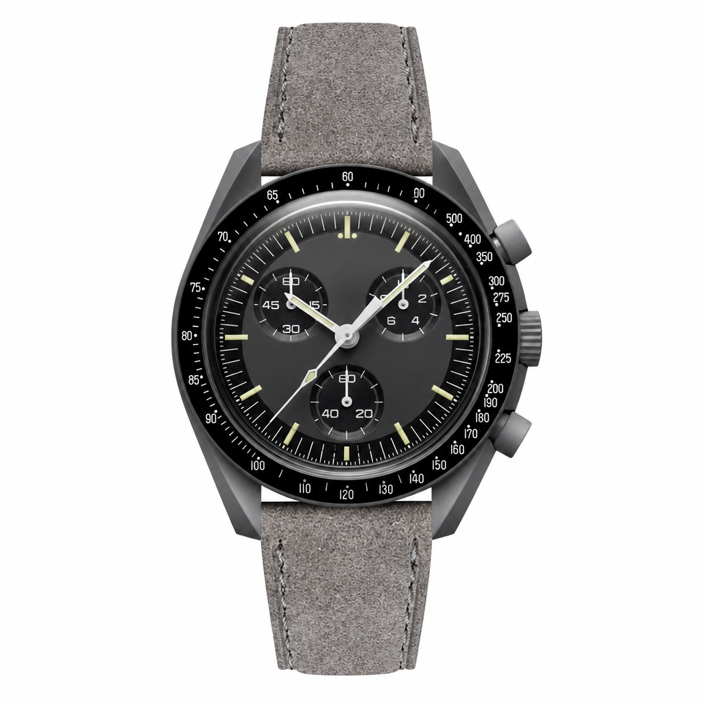 Gray chronograph watch with gray suede leather strap on white background