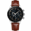 Chronograph watch with black dial, silver case, and brown leather strap on white background