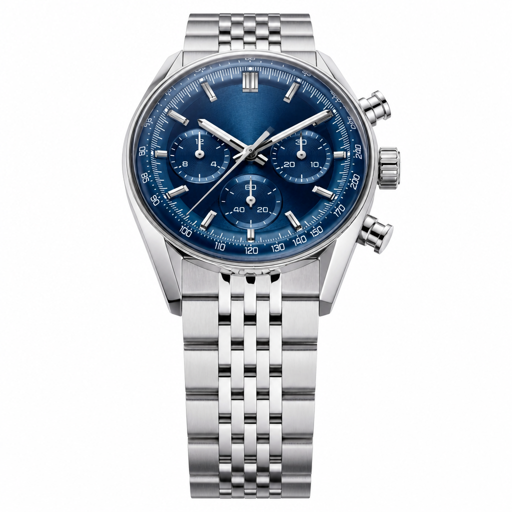Chronograph watch with blue dial and silver metal bracelet on white background