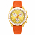 Chronograph watch with yellow dial, yellow metal case, and orange leather strap on white background