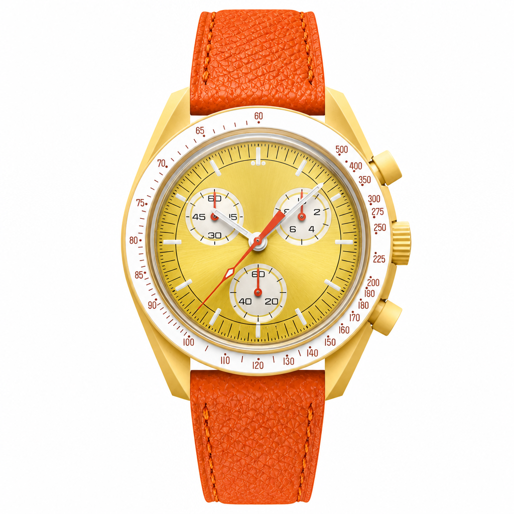 Chronograph watch with yellow dial, yellow metal case, and orange leather strap on white background