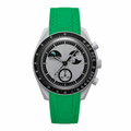 Casual sport watch with silver case, black bezel, textured silver dial, and green rubber strap