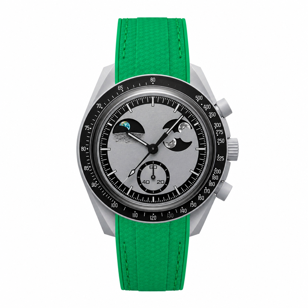 Casual sport watch with silver case, black bezel, textured silver dial, and green rubber strap