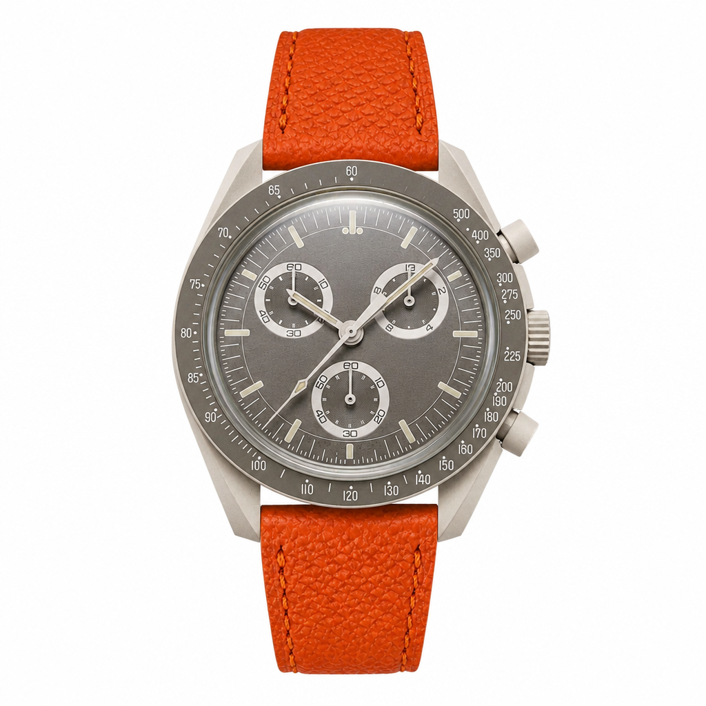Casual gray dial chronograph watch with orange leather strap on white background