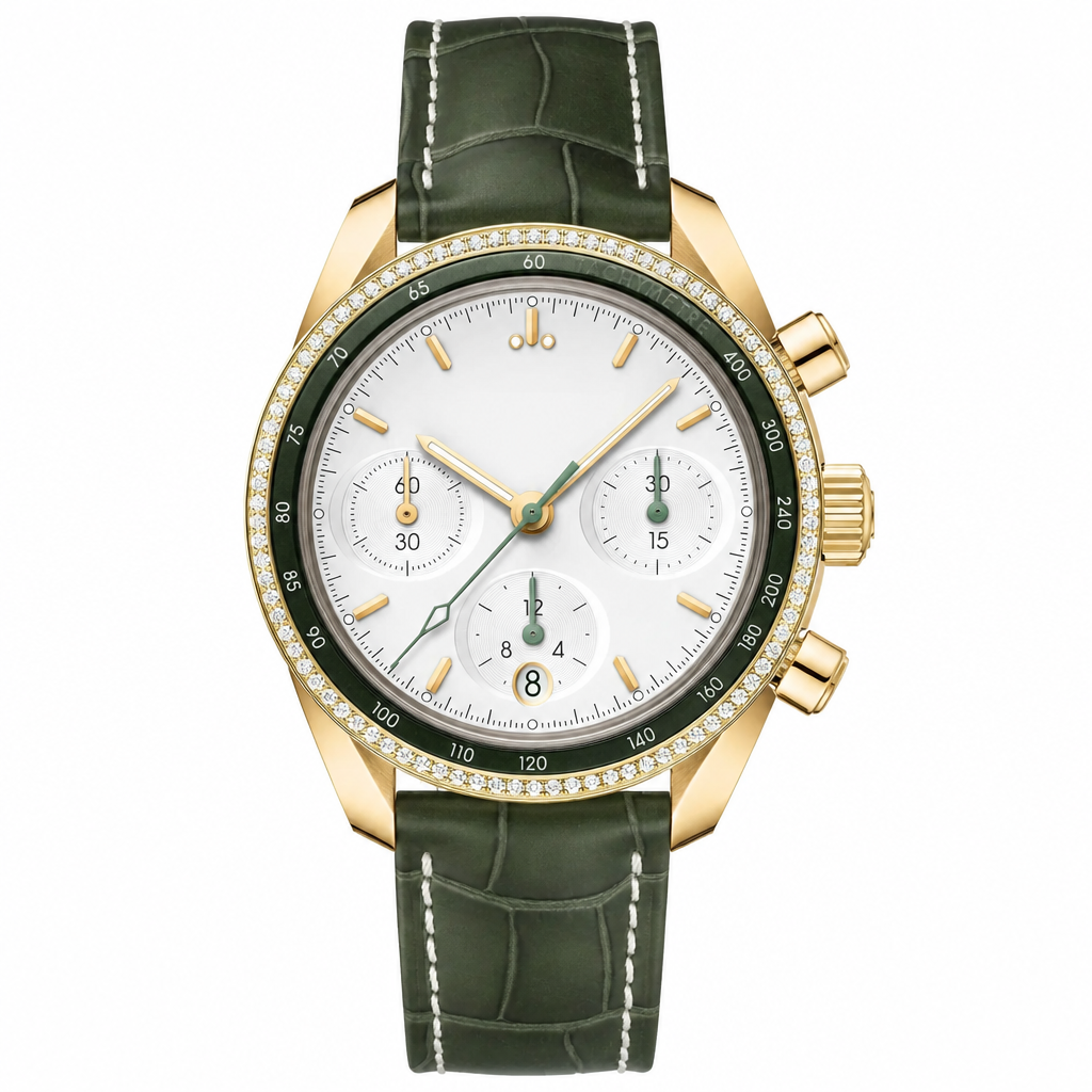 Dress watch with gold-tone case, white dial, and dark green leather strap