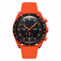 Orange chronograph watch with black dial and orange leather strap