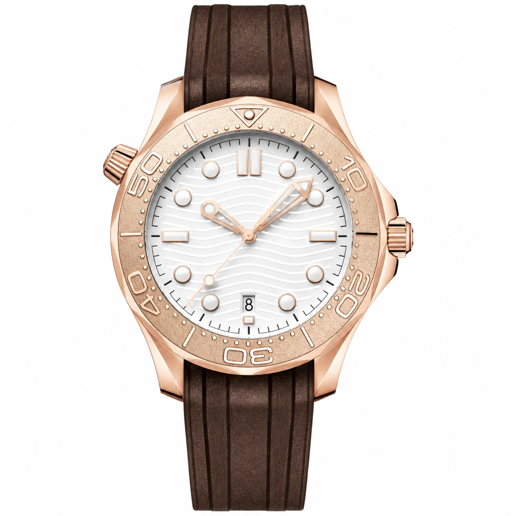 Sport diver watch with rose gold case, white dial, and brown rubber strap