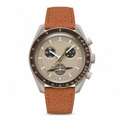 Casual chronograph watch with beige dial and brown leather strap on white background