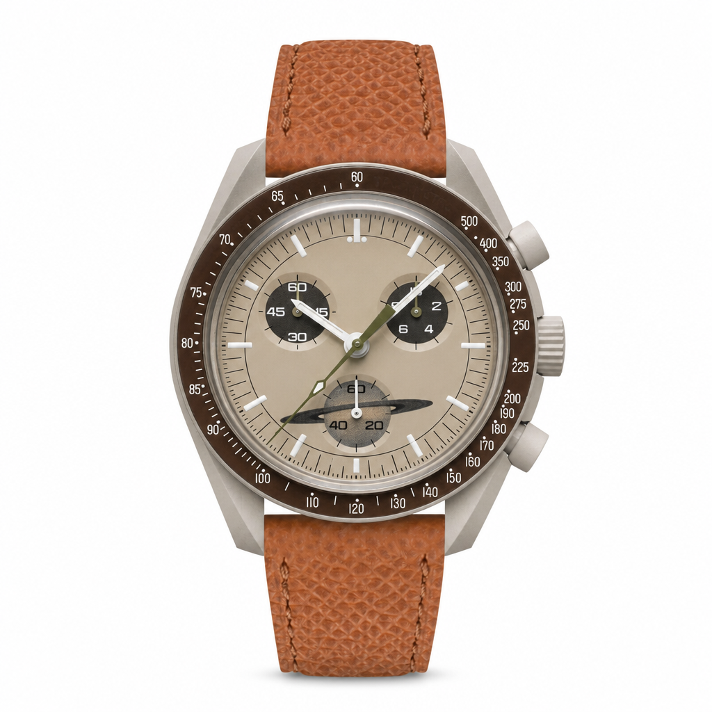 Casual chronograph watch with beige dial and brown leather strap on white background