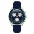 Chronograph watch with blue dial, dark blue suede strap, and light pastel green case on white background