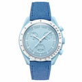 Light blue chronograph watch with ceramic case, white bezel, and blue suede strap on white background