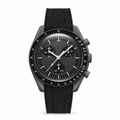 Chronograph watch with black dial, gray case, and black synthetic strap on white background