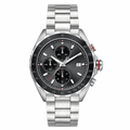 Chronograph sports watch with black dial and silver metal bracelet on white background