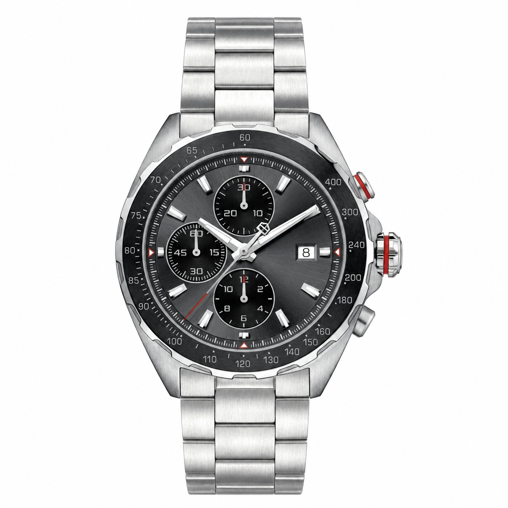 Chronograph sports watch with black dial and silver metal bracelet on white background