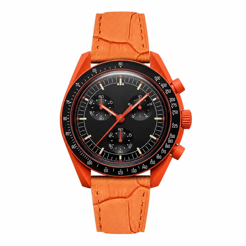 Chronograph watch with orange case and orange leather strap product photo