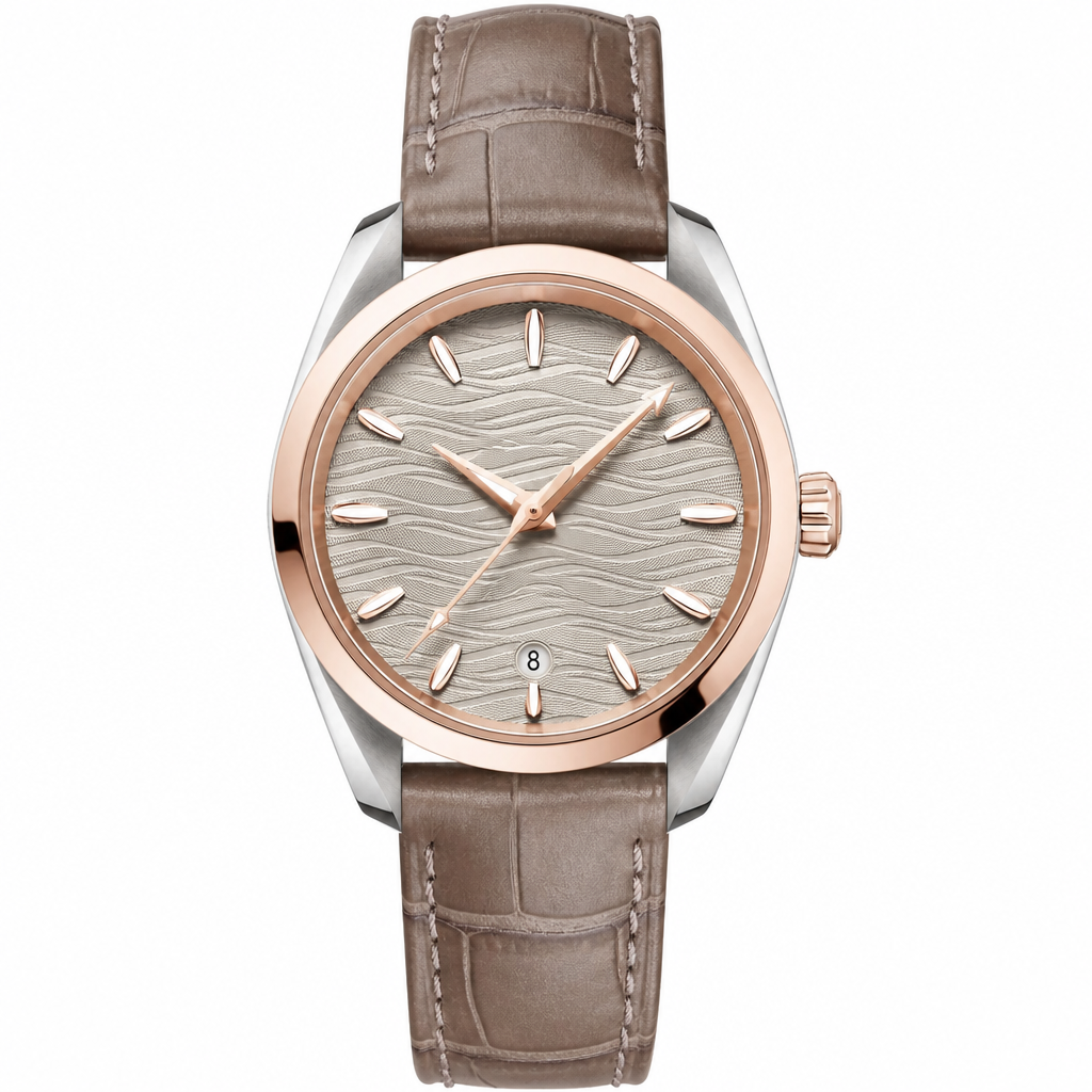 Elegant dress watch with beige textured dial, two-tone silver and rose gold case, and taupe leather strap
