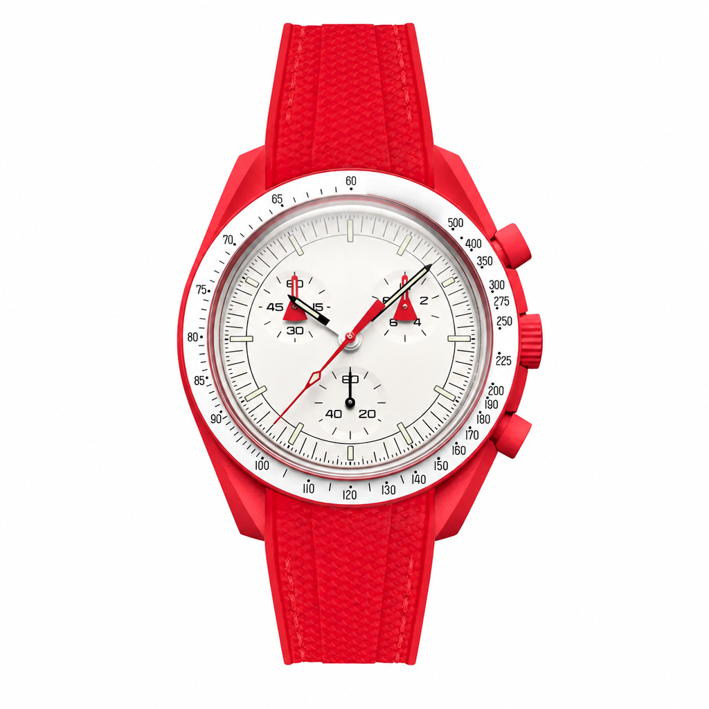 Red chronograph watch with white dial and red rubber strap on white background