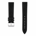 Black suede leather watch strap with silver buckle on white background