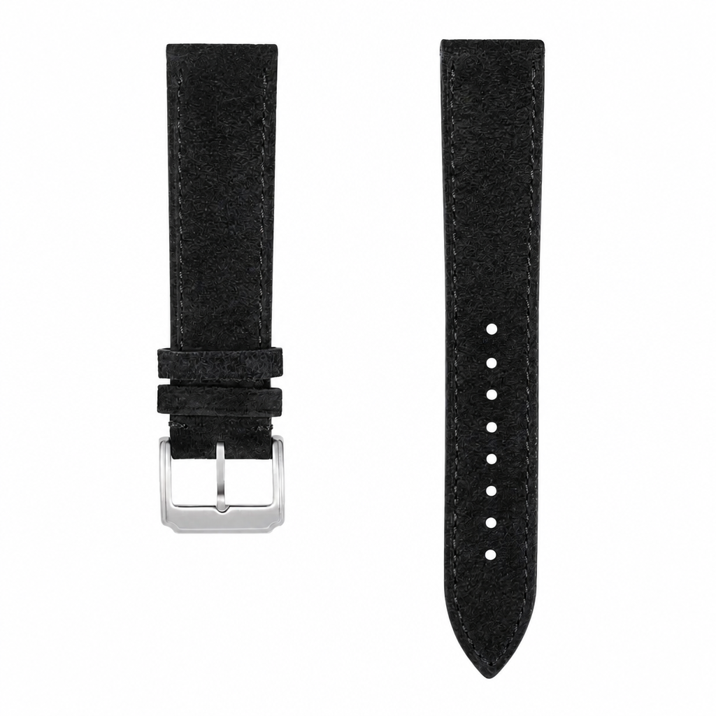 Black suede leather watch strap with silver buckle on white background