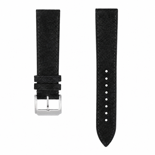 Black suede leather watch strap with silver buckle on white background