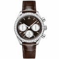 Chronograph watch with brown dial, diamond bezel, and brown leather strap, 38mm case size