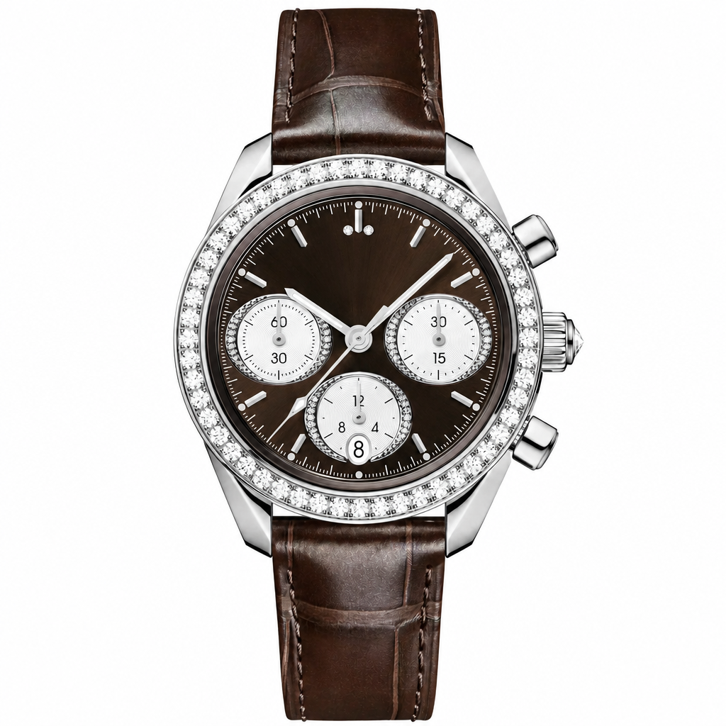 Chronograph watch with brown dial, diamond bezel, and brown leather strap, 38mm case size