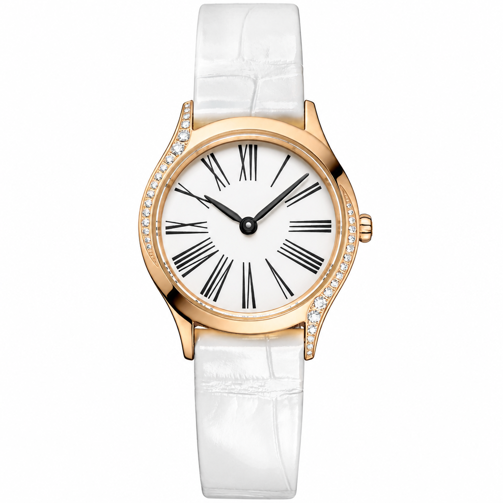 Women's dress watch with white dial, rose gold case accented with crystals, and white leather strap