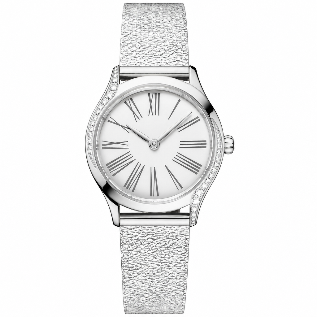 Elegant silver women's dress watch with white dial and Roman numerals