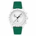 Chronograph watch with white dial and green leather strap on white background