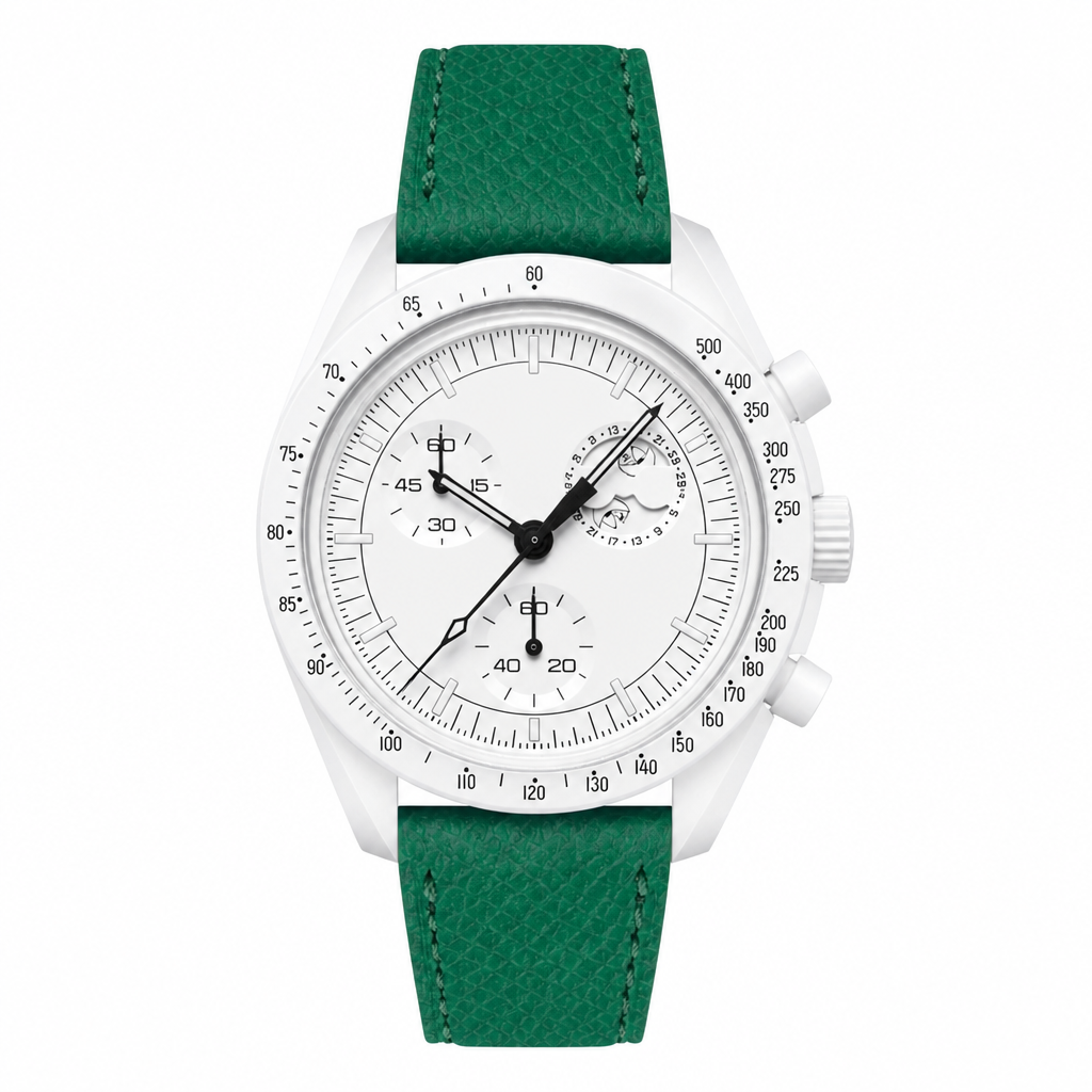 Chronograph watch with white dial and green leather strap on white background