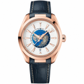 Elegant dress watch with rose gold-tone case, white dial with world map, and blue leather strap