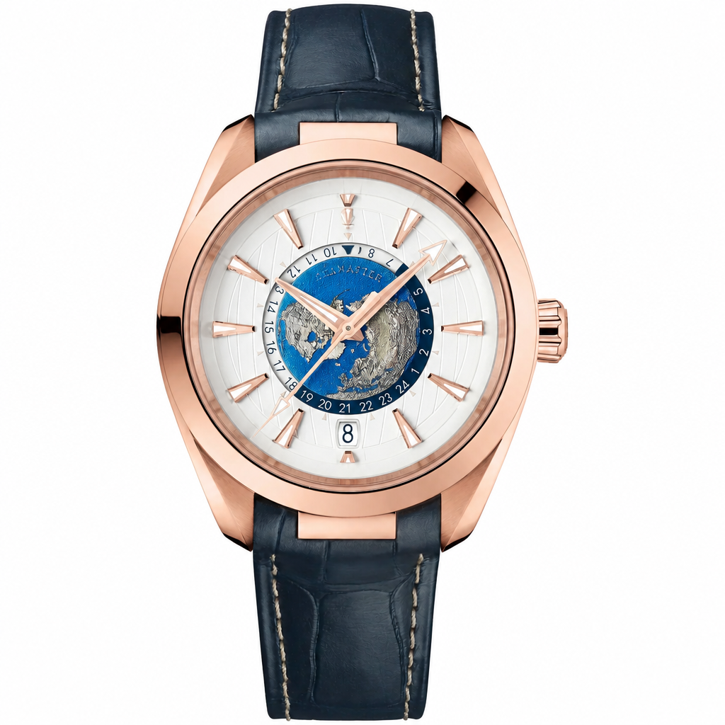 Elegant dress watch with rose gold-tone case, white dial with world map, and blue leather strap
