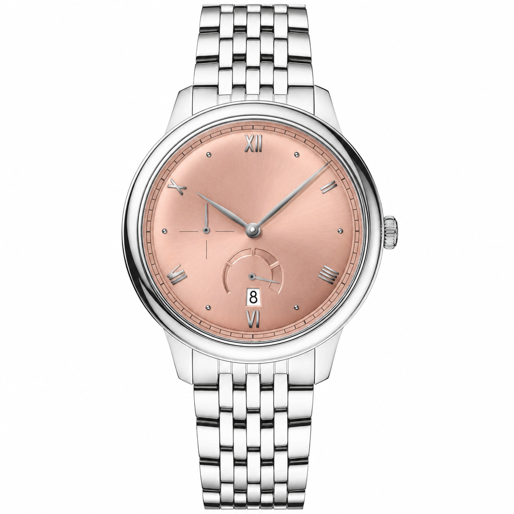 Dress watch with rose gold dial and silver stainless steel bracelet, 41mm