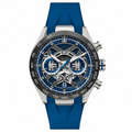 Sport chronograph watch with blue rubber strap and skeleton dial