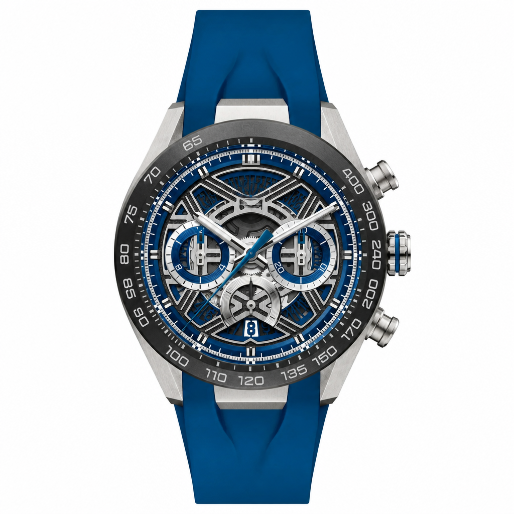Sport chronograph watch with blue rubber strap and skeleton dial