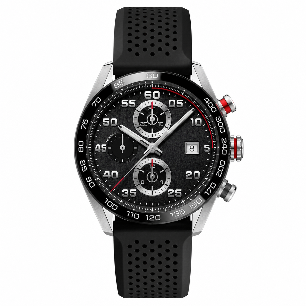 Sport chronograph watch with black dial, metal case, and black perforated rubber strap on white background