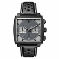 Square sport chronograph watch with black metal case and black leather strap