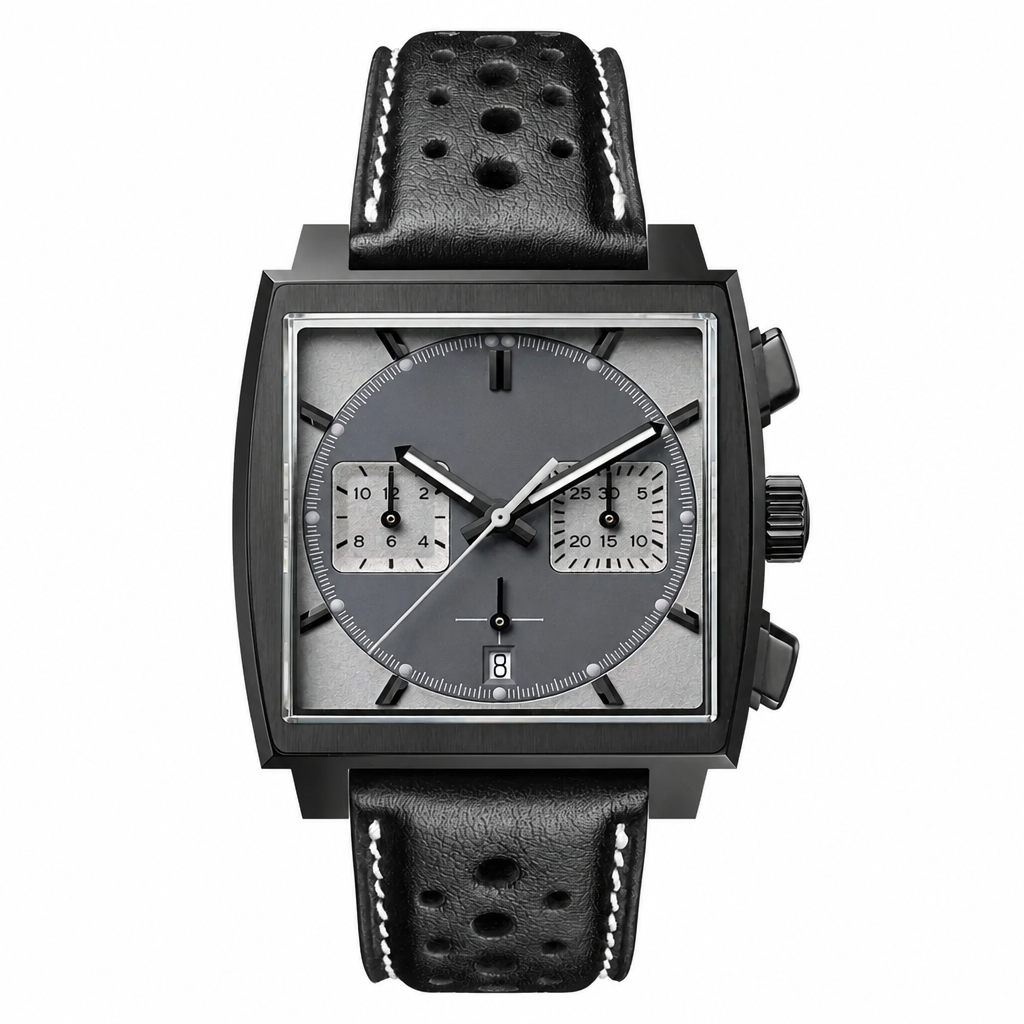 Square sport chronograph watch with black metal case and black leather strap