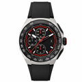 Sport chronograph watch with black dial, red accents, silver case, and black strap