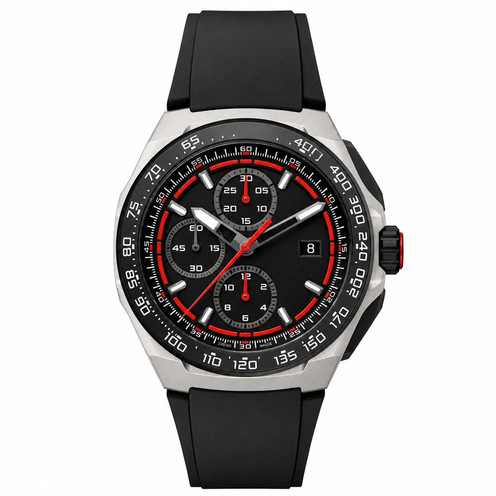 Sport chronograph watch with black dial, red accents, silver case, and black strap