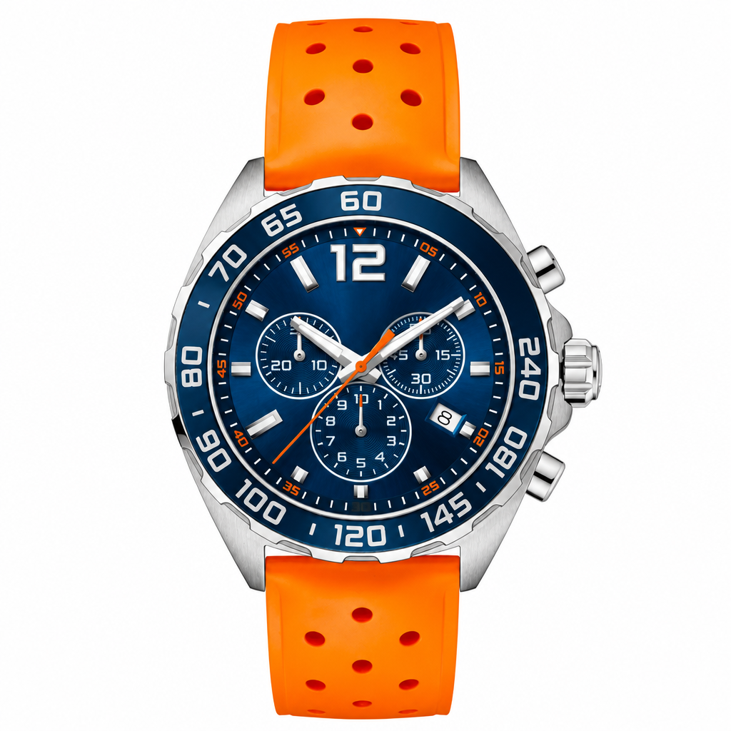 Sport chronograph watch with blue dial and orange rubber strap