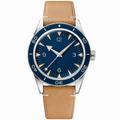 41mm watch with blue dial, blue bezel, tan leather strap, and stainless steel case on white background