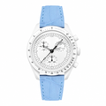 Watch with white case, white multifunction dial, and light blue leather strap