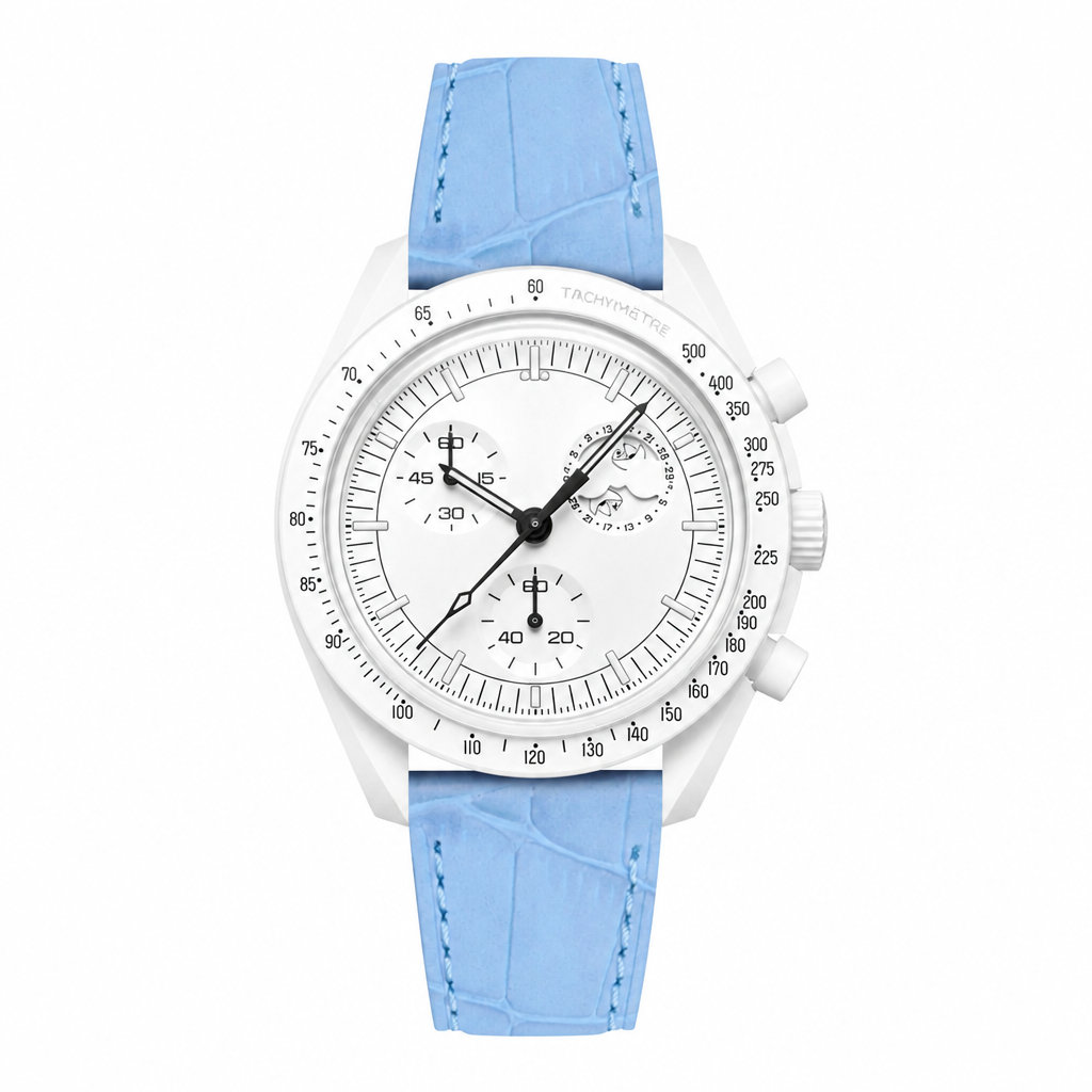 Watch with white case, white multifunction dial, and light blue leather strap