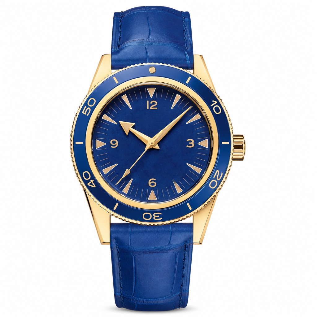 41mm gold-tone case watch with blue dial and leather strap on white background