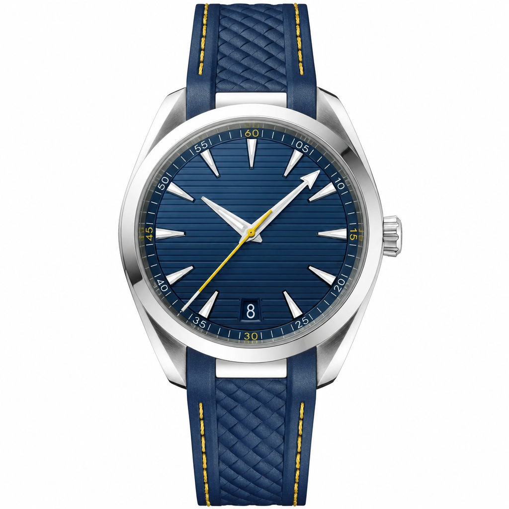 41mm watch with blue dial, silver case, and blue rubber strap with yellow stitching